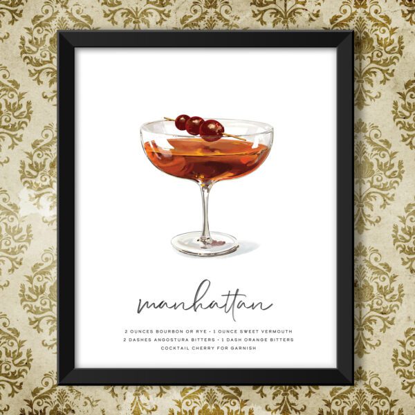 Manhattan Cocktail Wall Art in Black frame on colorful wallpaper (frame not included)