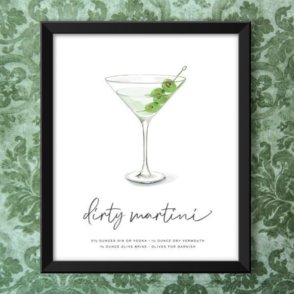 Dirty Martini Cocktail Wall Art in black frame (frame not included)