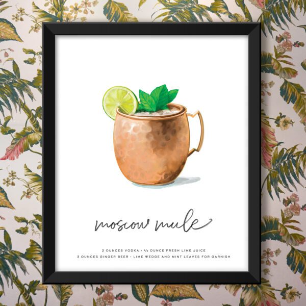 Moscow Mule Cocktail Wall Art in a frame on colorful wallpaper