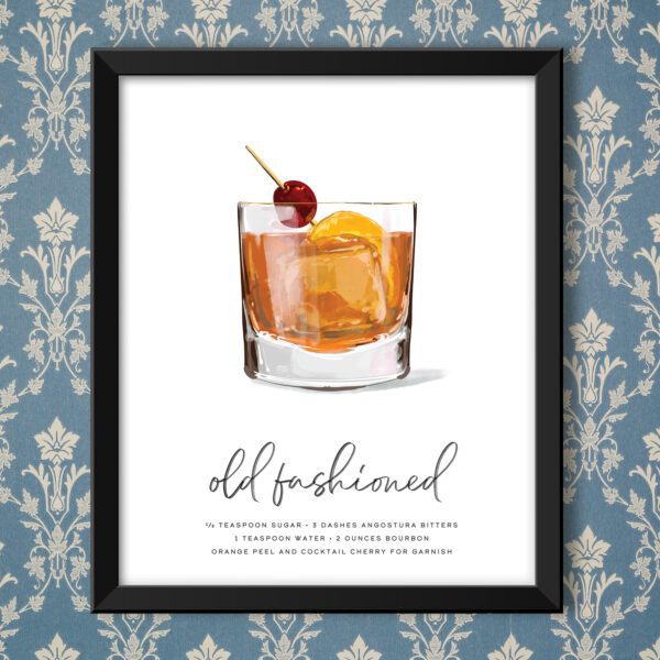 Old Fashioned Cocktail Wall Art in a frame on colorful wallpaper (frame not included)