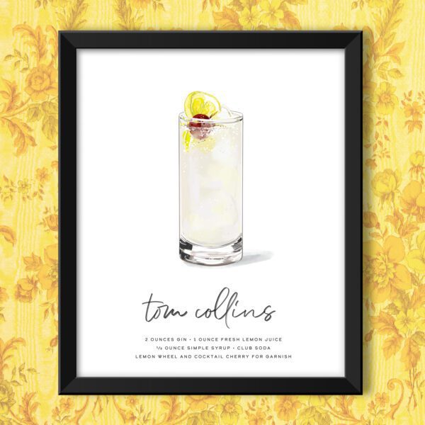 Tom Collins Cocktail Wall Art framed on bright yellow wallpaper wall (frame not included)