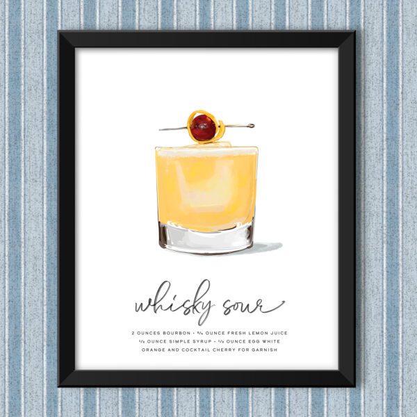 Whisky Sour Cocktail Wall Art in a frame on colorful wallpaper (frame not included)