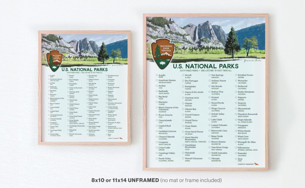 us national parks checklist poster size comparison 8x10 vs 11x14