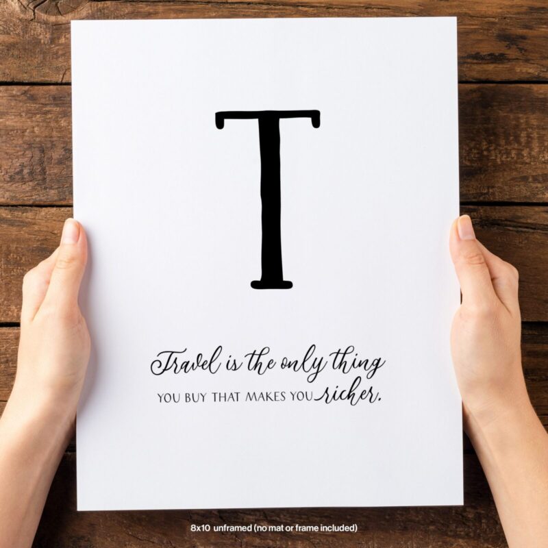 Woman holding Travel Quotes Wall Art page featuring the letter T and a travel quote