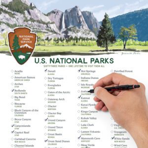 Illustrated U.S. National Parks checklist featuring the National Park Service logo, a scenic background of Yosemite Valley, and a list of all 63 national parks. A hand holding a pen is marking off visited parks, including Denali, Badlands, and Joshua Tree. Text reads 'Sixty-three parks • One lifetime to visit them all,' inviting viewers to check off each park they visit.