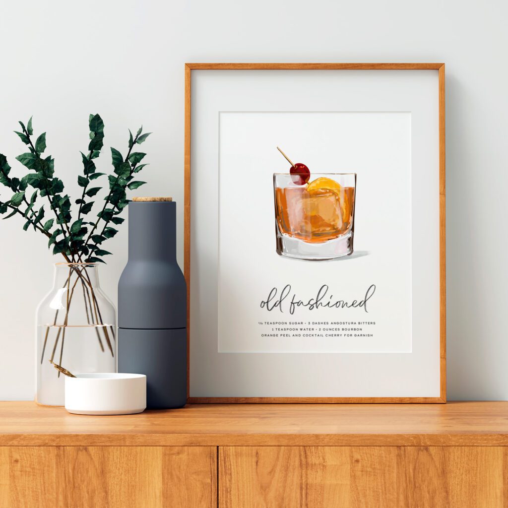 Old Fashioned Cocktail poster framed on a console table