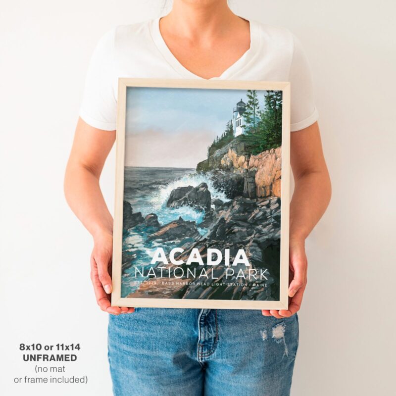 Acadia National Park Wall Art Vintage Poster held in frame by woman