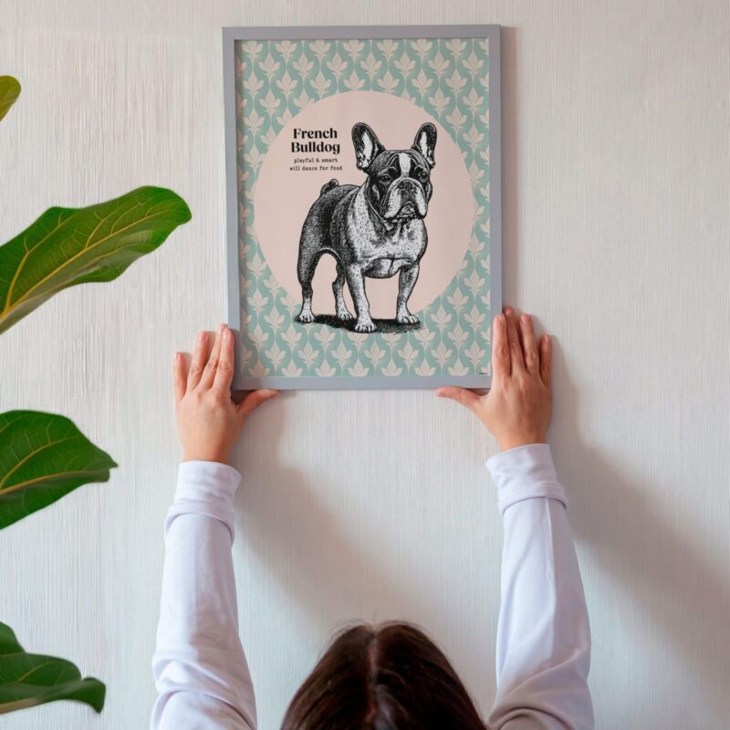 Woman hanging French bulldog poster on wall