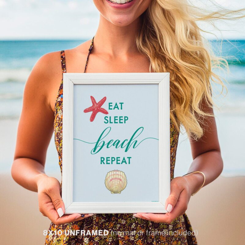 Woman Holding Starfish Coastal Beach Poster on beach