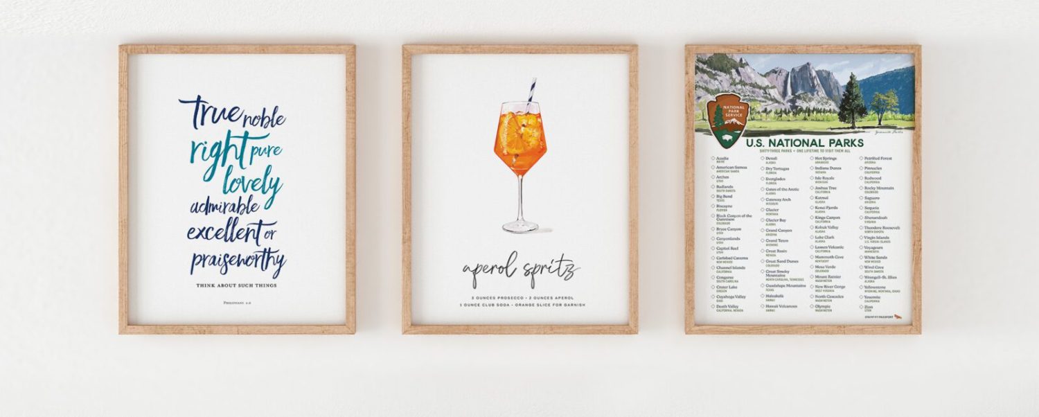mod day art art prints. Brush calligraphy art print, aperol spritz cocktail poster, 63 national parks checklist poster shown in frames on wall