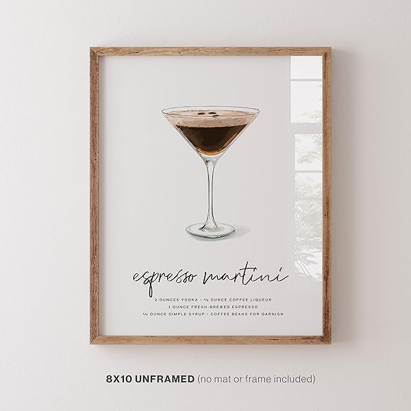 Espresso Martini Cocktail Wall Art in wood frame on a wall (frame not included)