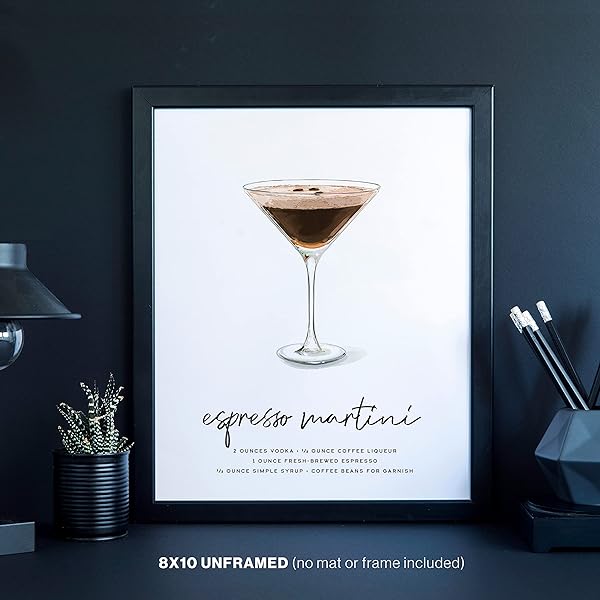 Espresso Martini Cocktail Wall Art in black frame on a desk (frame not included)