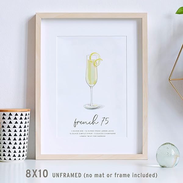 French 75 Cocktail Wall Art in a blonde wood frame (frame not included)