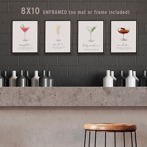 French 75 Cocktail Wall Art shown on a wall with three other cocktail wall art prints (frame not included)