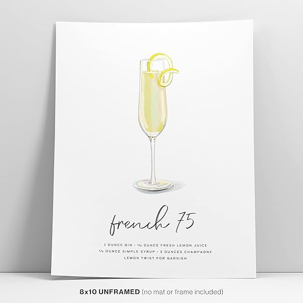 A French 75 Cocktail Wall Art poster is leaning against a white wall.