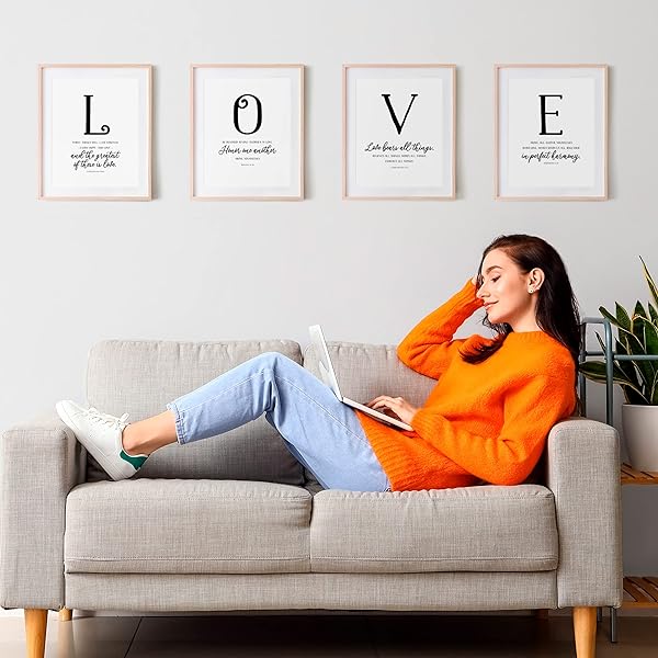 Love Bible Verses Wall Art framed above couch with woman (frame not included)