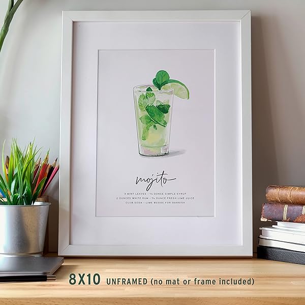 Mojito Cocktail Wall Art in whlte frame on shelf (frame not included).