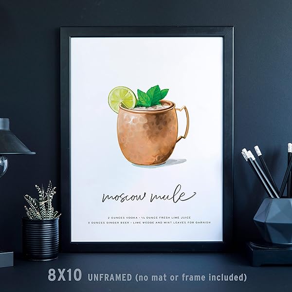 Moscow Mule Cocktail Wall Art in a black frame in a black room