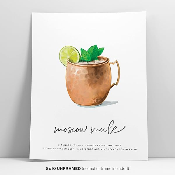 A Moscow Mule Cocktail Wall Art poster leaning against a white wall.
