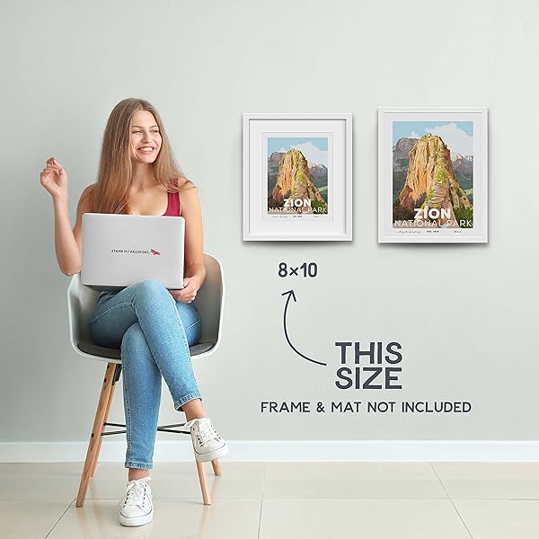 Zion National Park Poster 8x10 vs 11x14 comparison image with woman in chair