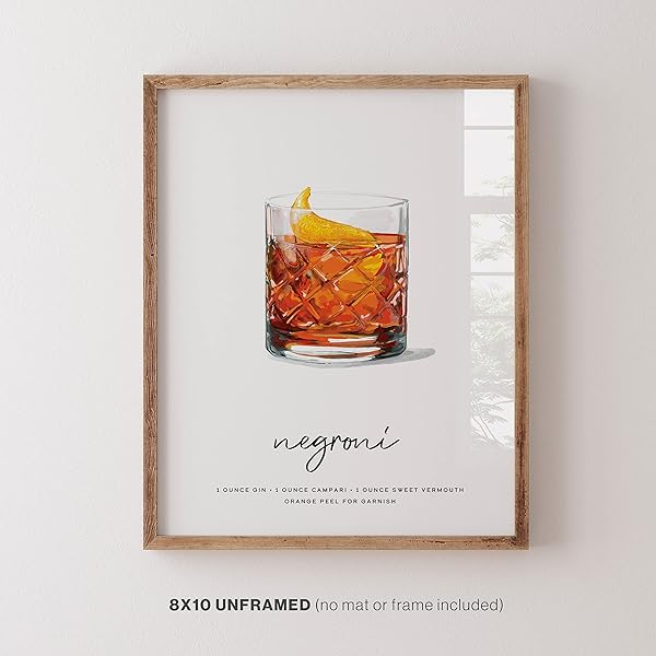 Stylish Negroni Cocktail Wall Art, beautifully presented in a wood frame (frame not included).