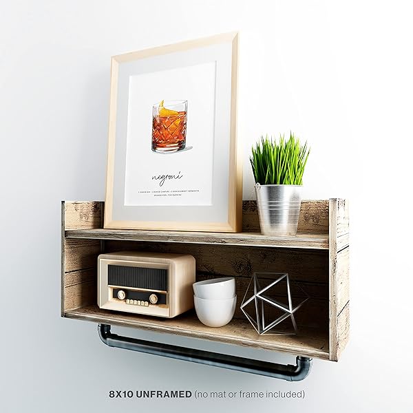 Negroni Cocktail Wall Art in wood frame with white mat on a decorative shelf frame (frame and mat not included)
