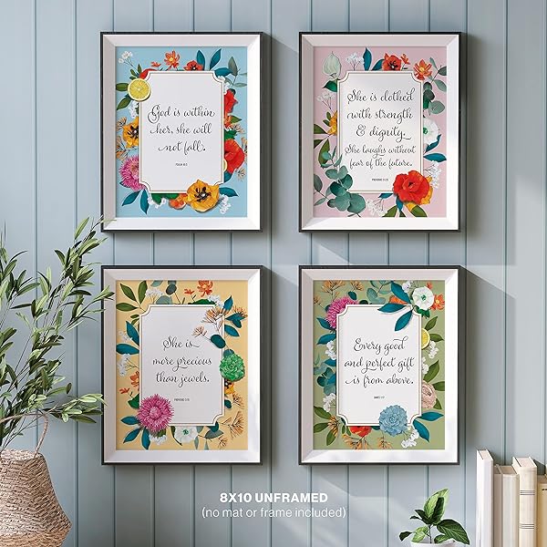 Botanical Bible Verse Wall Decor set framed on a wall (frames not included)