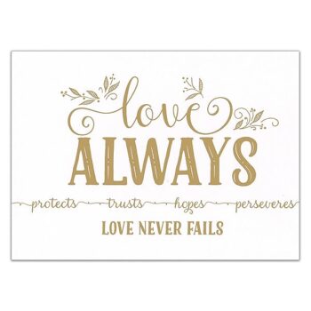 ‘Love Always, Love Never Fails’ Wall Art – White And Metallic Gold Foil – 5×7 – Unframed feature image