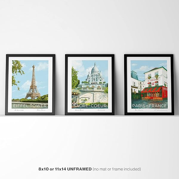 Vintage Paris Travel Posters framed 3 piece collection (frames not included)