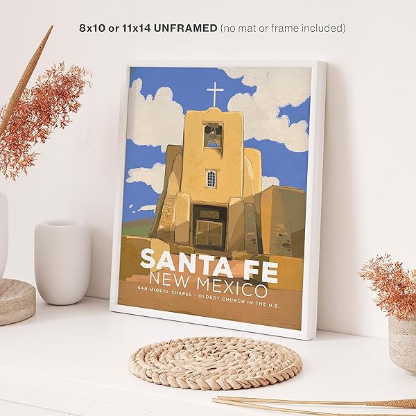 San Miguel Chapel Santa Fe, NM vintage poster-framed on table (frame not included)