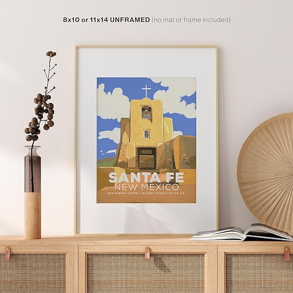 San Miguel Chapel Santa Fe, NM vintage poster-framed size comparison image (frame not included)