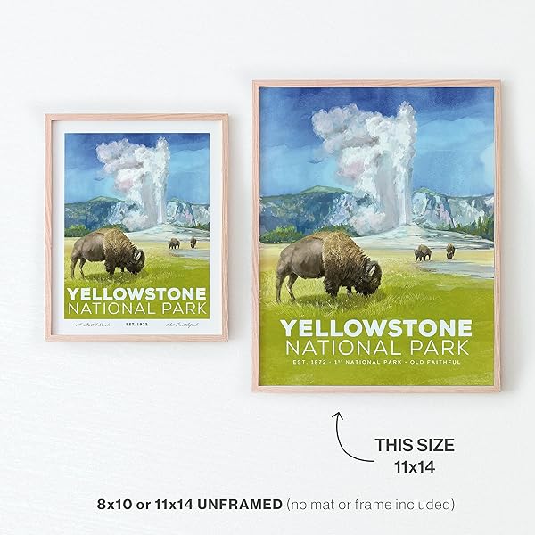 Yellowstone National Park Poster in wood frame 8x10 vs 11x14 size comparison (frame not included)