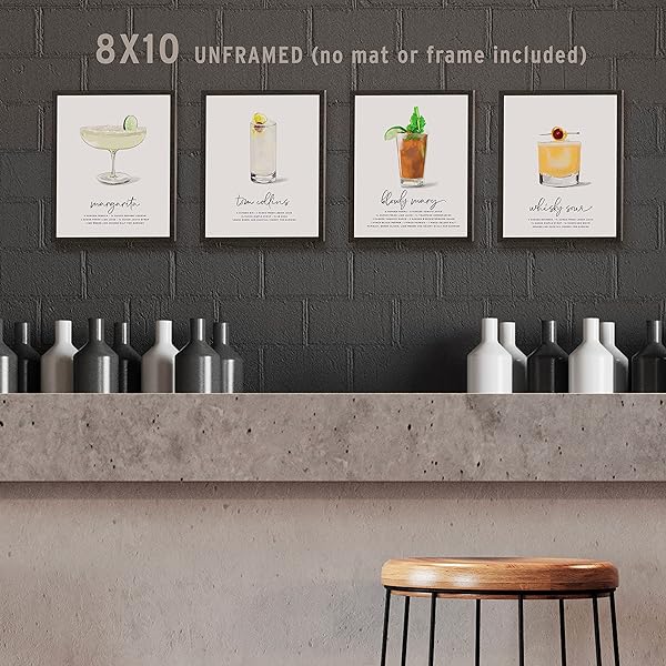Whisky Sour Cocktail Wall Art framed on bar wall with three other cocktail wall art prints (frames not included)