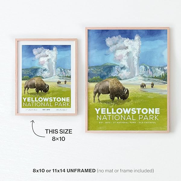Yellowstone National Park Poster in wood frame 8x10 vs 11x14 size comparison (frame not included)