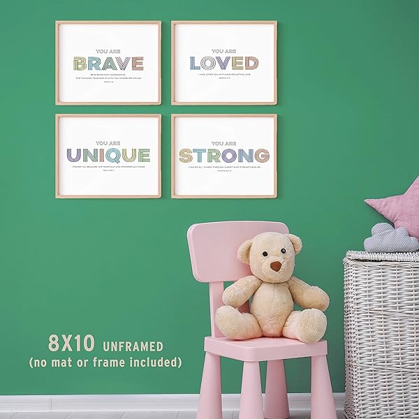 Brave and Loved Christian Nursery Wall Decor - complete set shown framed on nursery wall (frame not included)